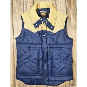 Vintage 70s Sears Outerwear Puffer Vest Men Sz Medium Blue Tan Pockets Snaps